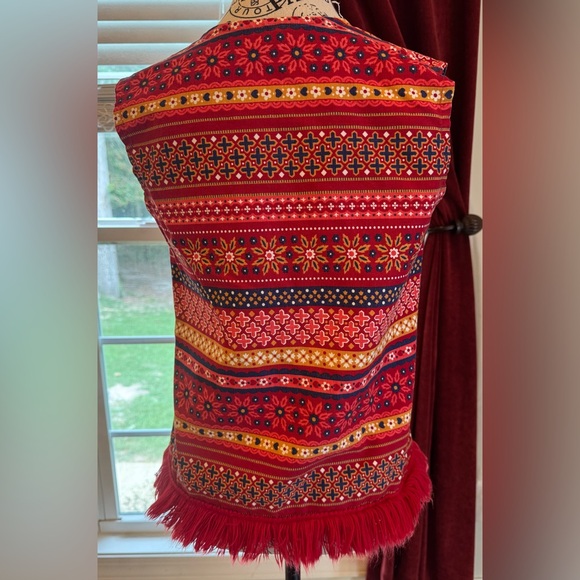 Vintage 70s Sears Fringe Vest Folk Striped Hippie Boho Floral Bright Red Orange - Picture 5 of 6